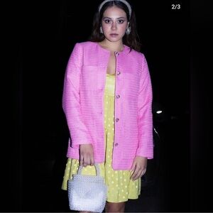 H&M PINK BOUCLE TEXTURED JACKET BLAZER GOLD BUTTONS WITH POCKETS SIZE S